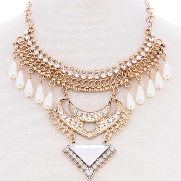 Chunky Pearl Antique Stone Boho Bohemian Statement Necklace Earring Set - Picture 2 of 2